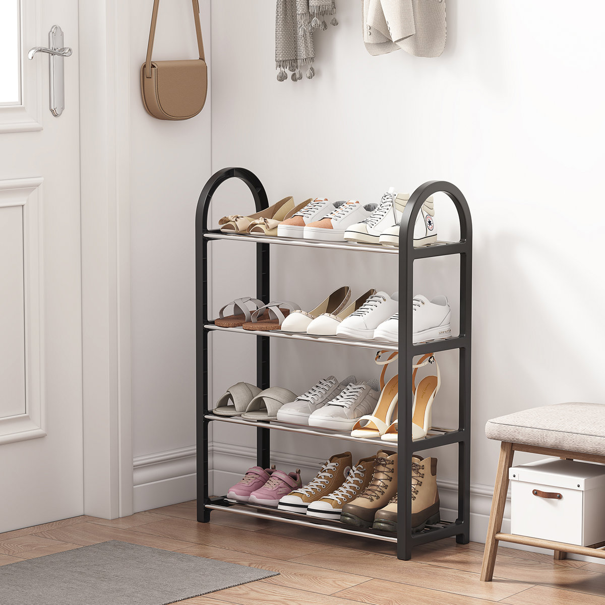 4 Tier Shoe Rack for Closet, Space-Saving & Durable Shoe Organizer, Easy Assembly Black 12 Pair Shoe Storage for Entryway